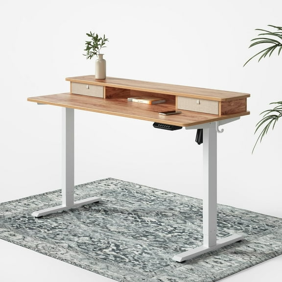 FEZIBO 55 x 24 Inch Whole-Piece Height Adjustable Standing Desk with Double Drawers, Sit Stand Desk, Home Office Stand Up Table with 4 Height-Adjustable Feets & 2 Hooks, Light Rustic Top