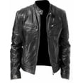 thumbnail image 4 of Chaqueta de cuero PU decorativa con bolsillo y cremallera cálida para caballero de invierno, chaqueta de cuero delgada con cuello alto, 4 of 5