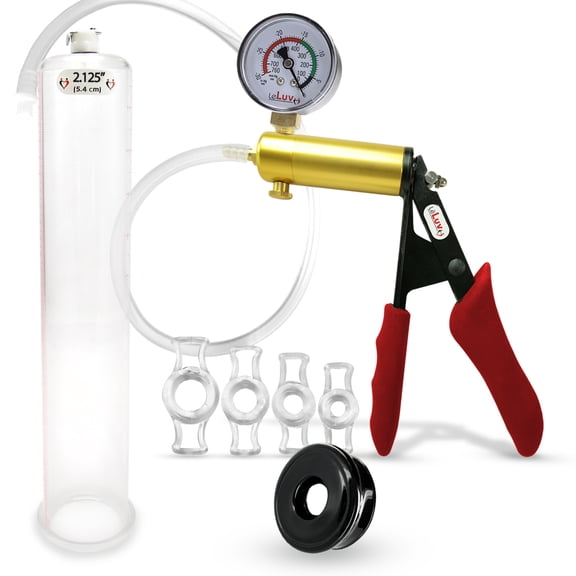 LeLuv Ultima Penis Pump, Brass w/ Red Handle, Silicone Grip, Clear Hose Gauge | TPR Seal, 4 Cock Rings | 12" x 2.125" Cylinder