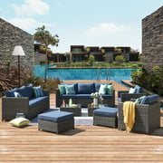 ovios Patio Furniture Set, Big Size Outdoor Furniture Sets,PE Rattan Wicker sectional with Pillows and Furniture Cover, No Assembly Required (Blue)