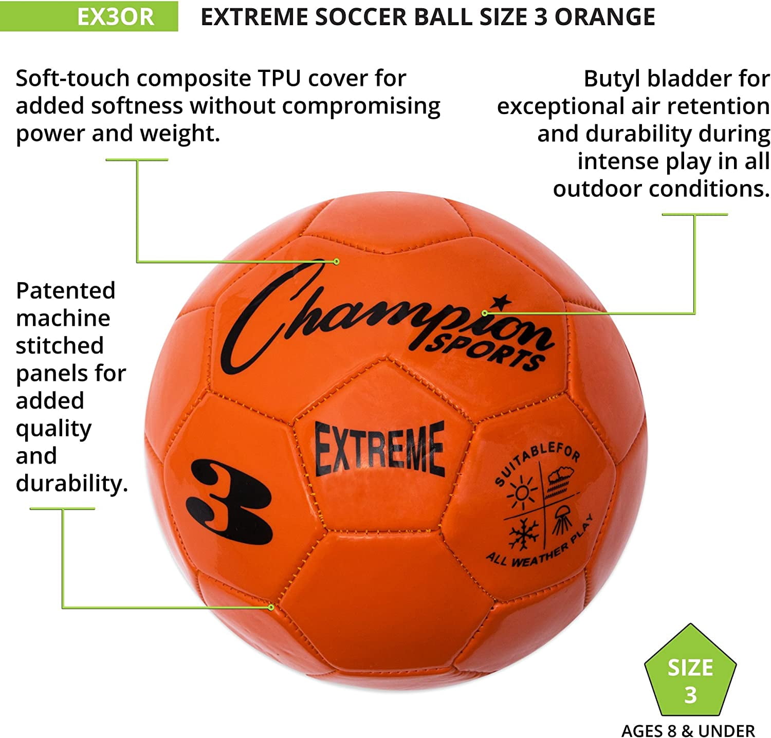 Champion Sports Extreme Series Soccer Ball, Size 3 - Youth League, All Weather, Soft Touch, Maximum Air Retention - Competitive and Recreational Futbol Games, Orange