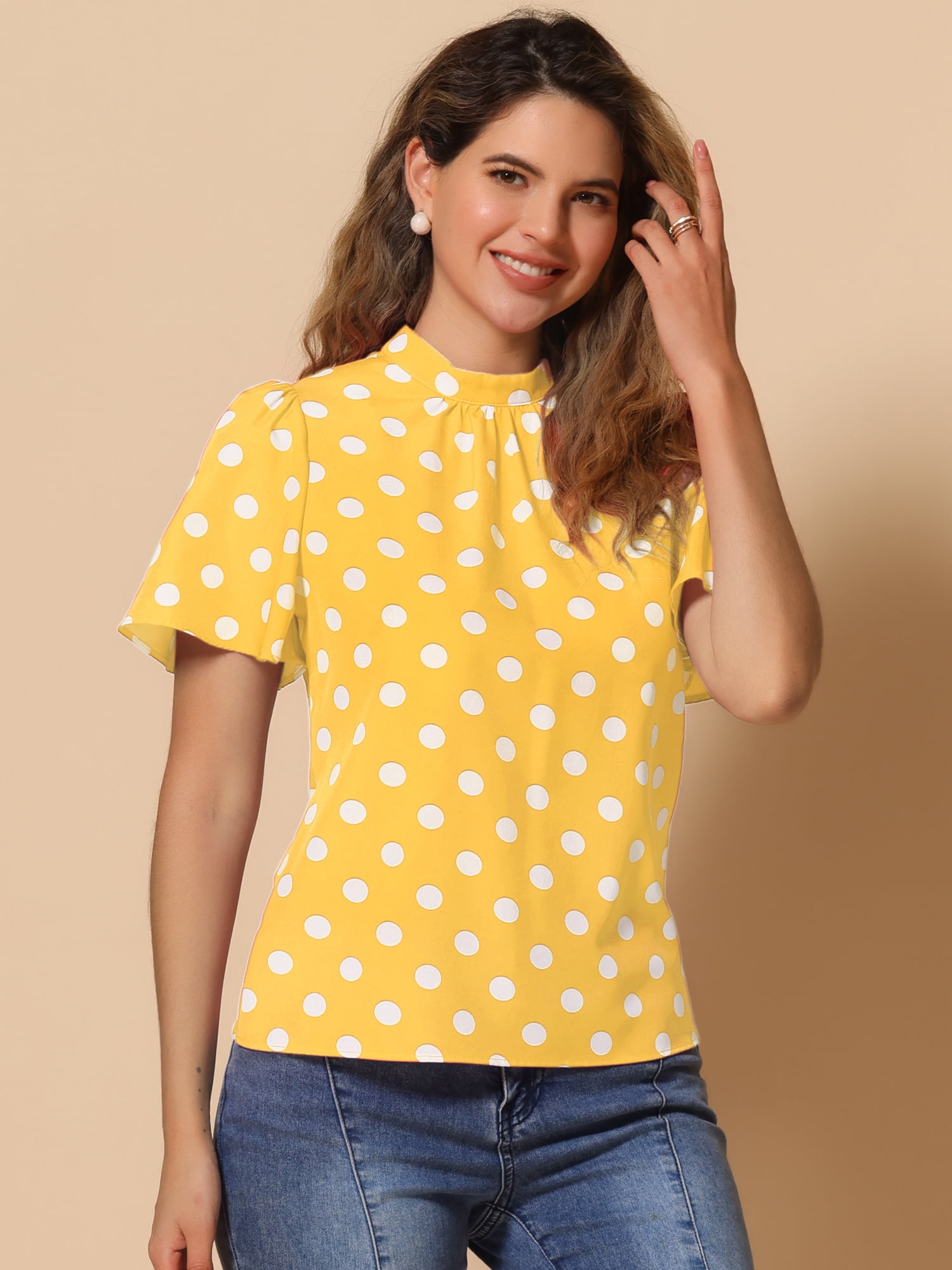 DARING DIVA Polka Dots Stand Collar Short Sleeve Top XS Yellow