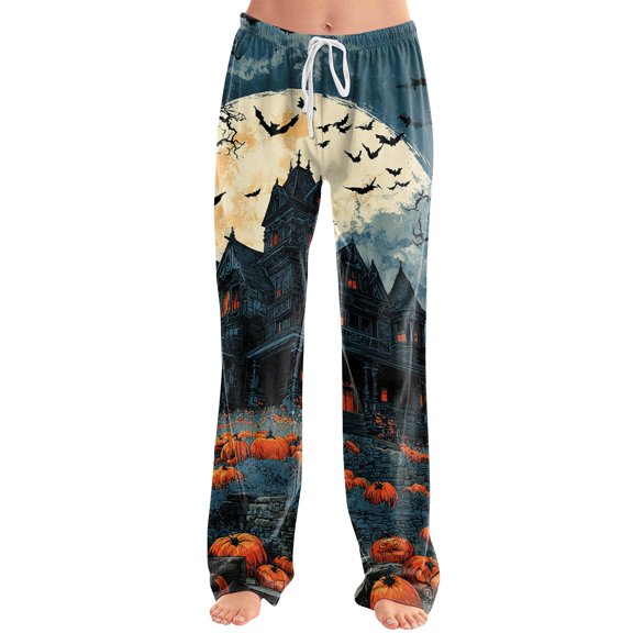 Womens Halloween Pajama Pants Skeleton Pumpkin Elastic High Waist Funny Pajama Pants Bat Witch Hat Drawstring Horror Sleep Pants, S