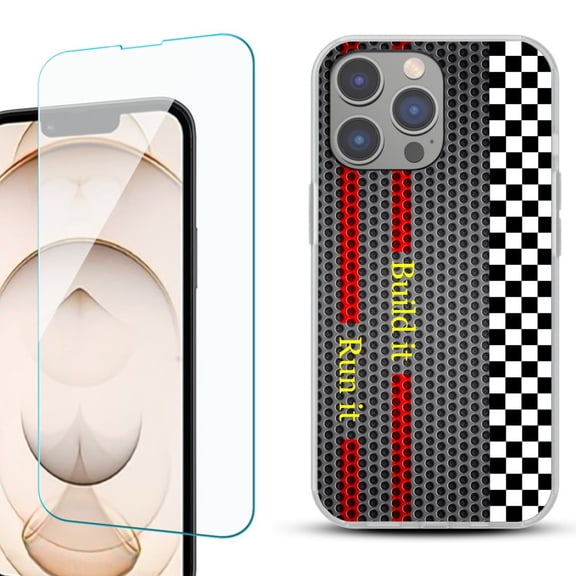 Slim-Fit Gel TPU Phone Case for iPhone 14 Pro, with Tempered Glass Screen Protector, by OneToughShield ® - Racing