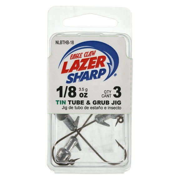 Lazer Sharp Tin Tube & Grub Jig Head - Barbed Collar - 3 Pack - 1/8 oz - Unpainted