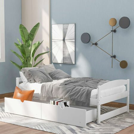 Churanty Twin Size Platform Bed Wooden Daybed with Two Drawers.Twin Size Captain’s Bed Frame No Spring Box Needed  Easy Assembly  for Kids  Teens  Adults  White