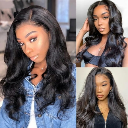 Grace Length Body Wave 4x4 Lace Front Wig Human Hair for Women Brazilian Body Curly Lace Closure Wigs 180% Density Natural Black 14inch