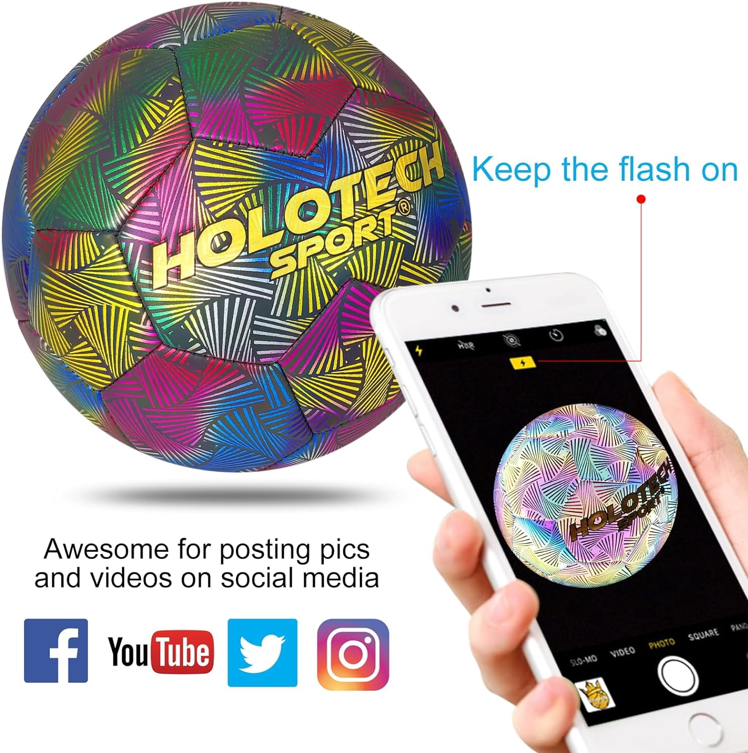 WTOPSBO Soccer Ball Size 4/5, Holographic Reflective Glowing Soccer Ball, Bright PU Leather Soccer Balls for Night Games,Training, Ideal Gifts for Soccer Fans with Pump