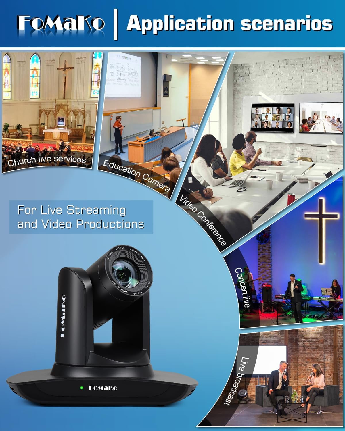 FoMaKo AI Auto Tracking HDMI PTZ Camera, 20x Optical Zoom(3pcs), KC602 Video Mixer Switcher, for Church Services Worship Education(FMK12UH Pro-BX3+KC602)
