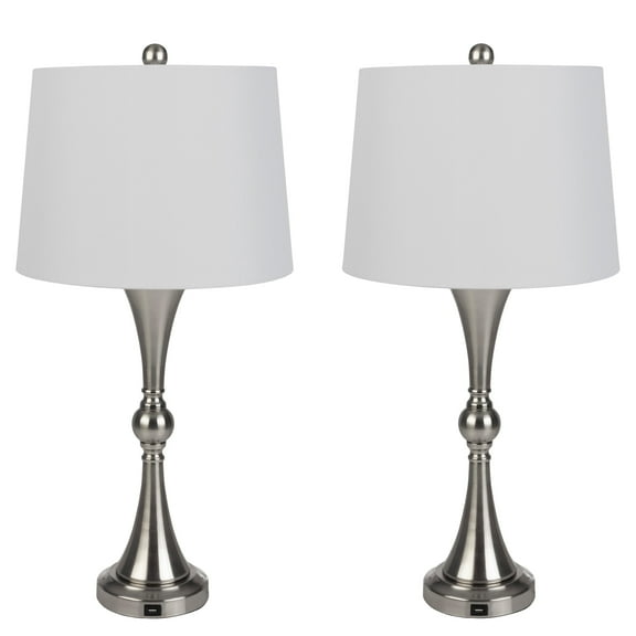 Lavish Home Set of 2 Table Lamps with USB Charging Ports (Brushed Silver)