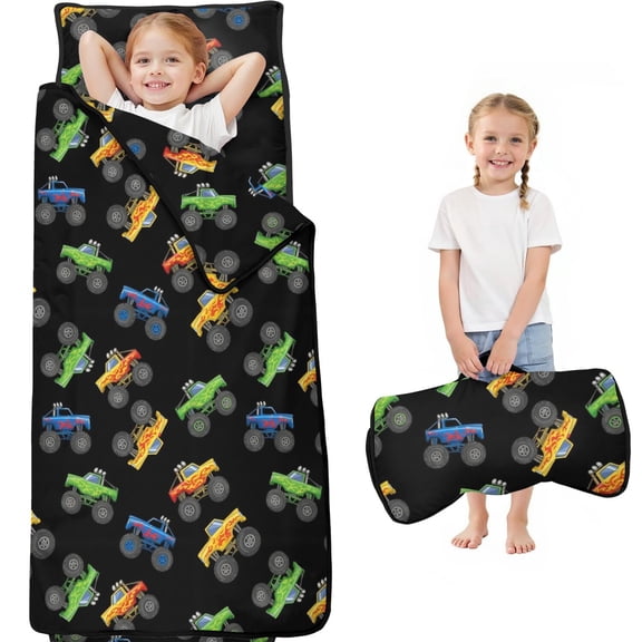Monster Cartoon Truck Black Pattern Teens Toddler Nap Mat with Pillow, Sleeping Mat Bag for Preschool Daycare 59"x22"