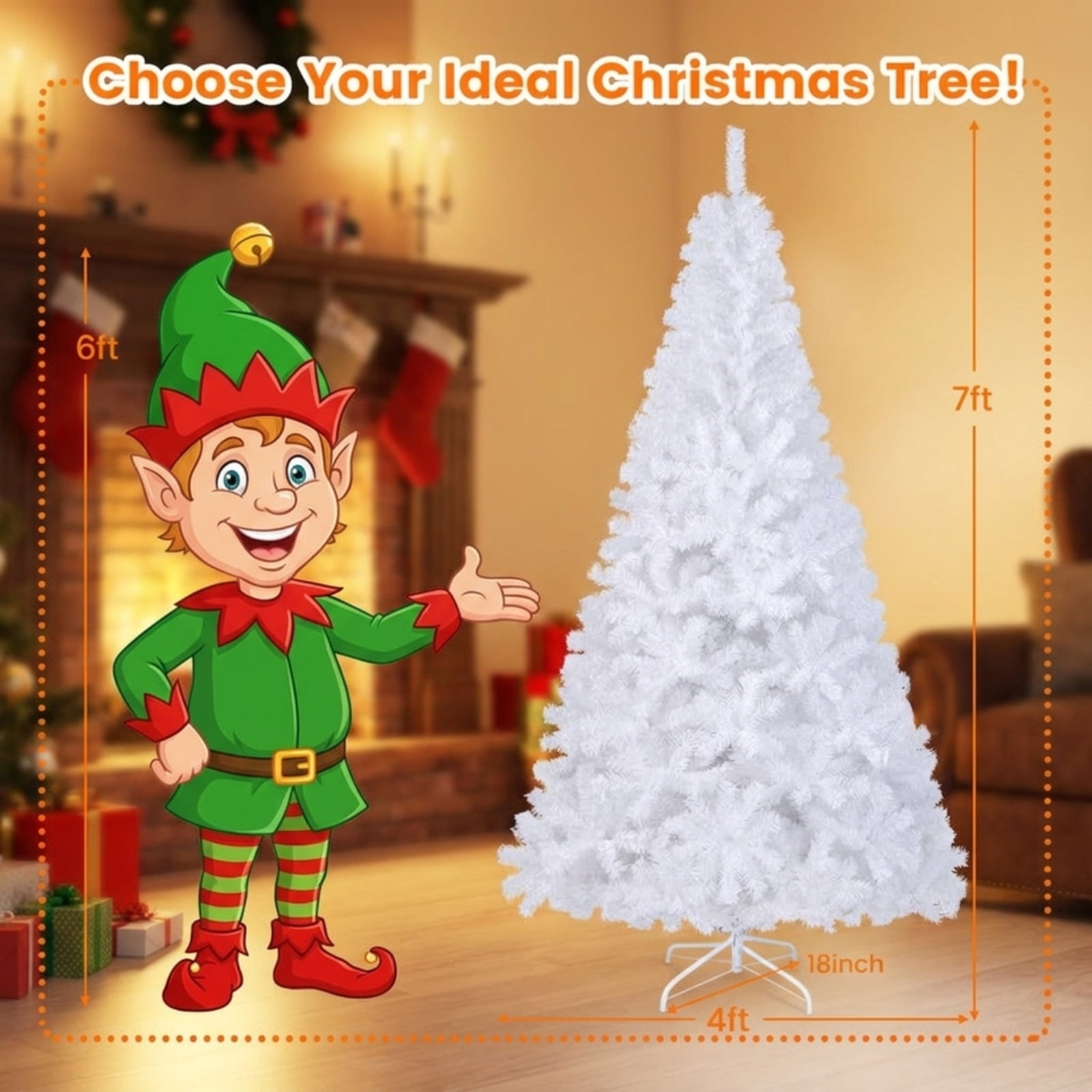 RUIE 7 FT White Artificial Christmas Tree with Sturdy Metal Stand, 950 Lush PVC Tips, Hinged Easy Assembly Holiday Tree for Indoor Home Decoration