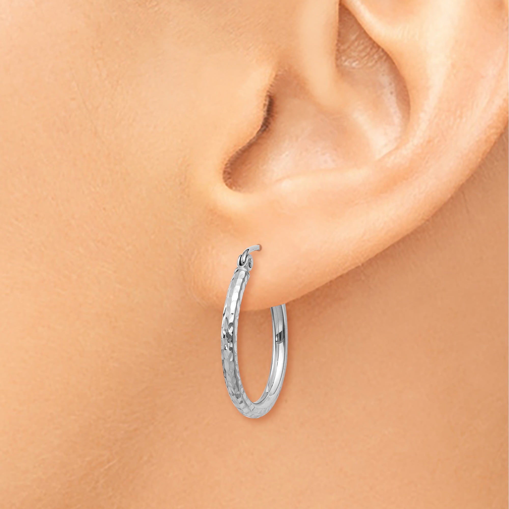 14k White Gold Dia-Cut 2mm Round Tube Hoop Earrings