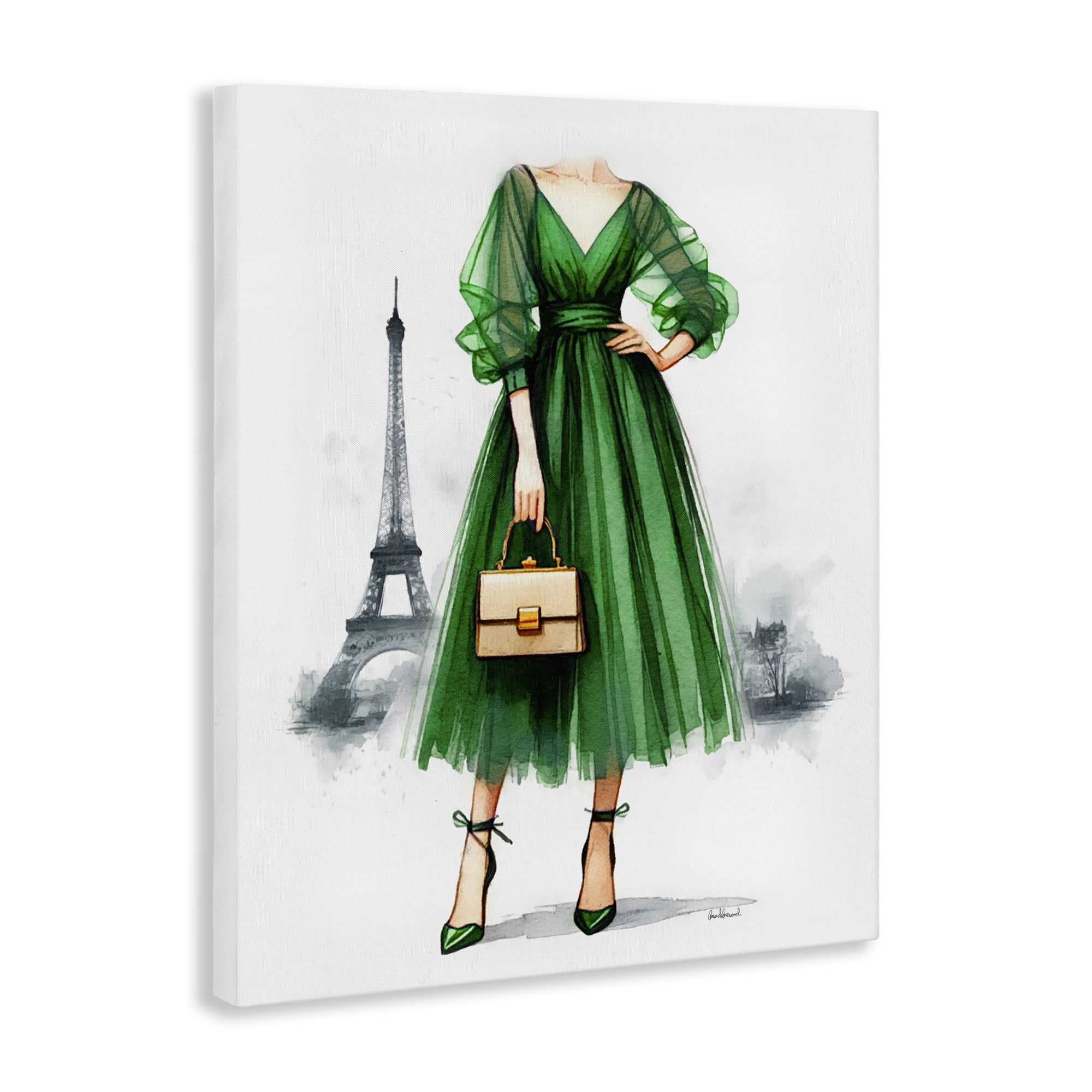 Stupell Industries Parisian Green Dress Fashion Painting Wrapped Canvas Art Print Wall Art, 16 x 20