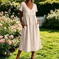 thumbnail image 7 of VBVC Women's Cotton Linen Button Down Midi Dress, Summer V-Neck Beach Dress For Women, Ladies' Short Sleeve High Waist Dress with Pockets,Beige,S-2XL, 7 of 7