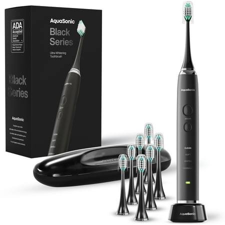 Aquasonic Premium Electric Toothbrush Set, Rechargeable, 4 Modes, Travel Case, 8 Brush Heads - Black Series