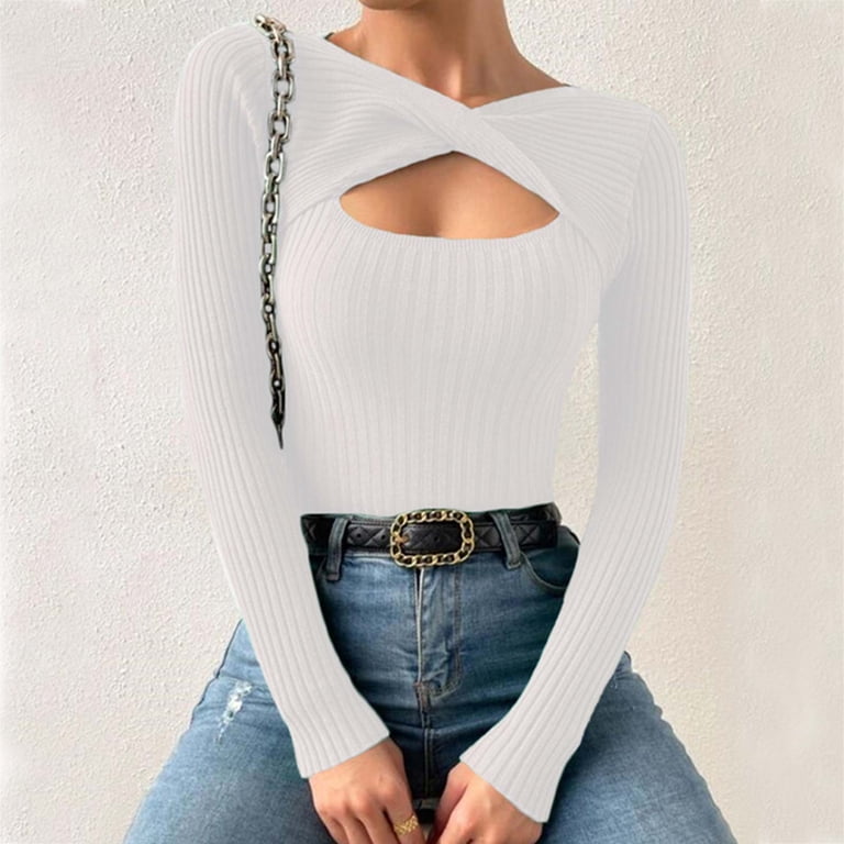 DUSDIMON Women's Twist Knot Long Sleeve Tunic Top - Casual Crew Neck Pullover Blouse
