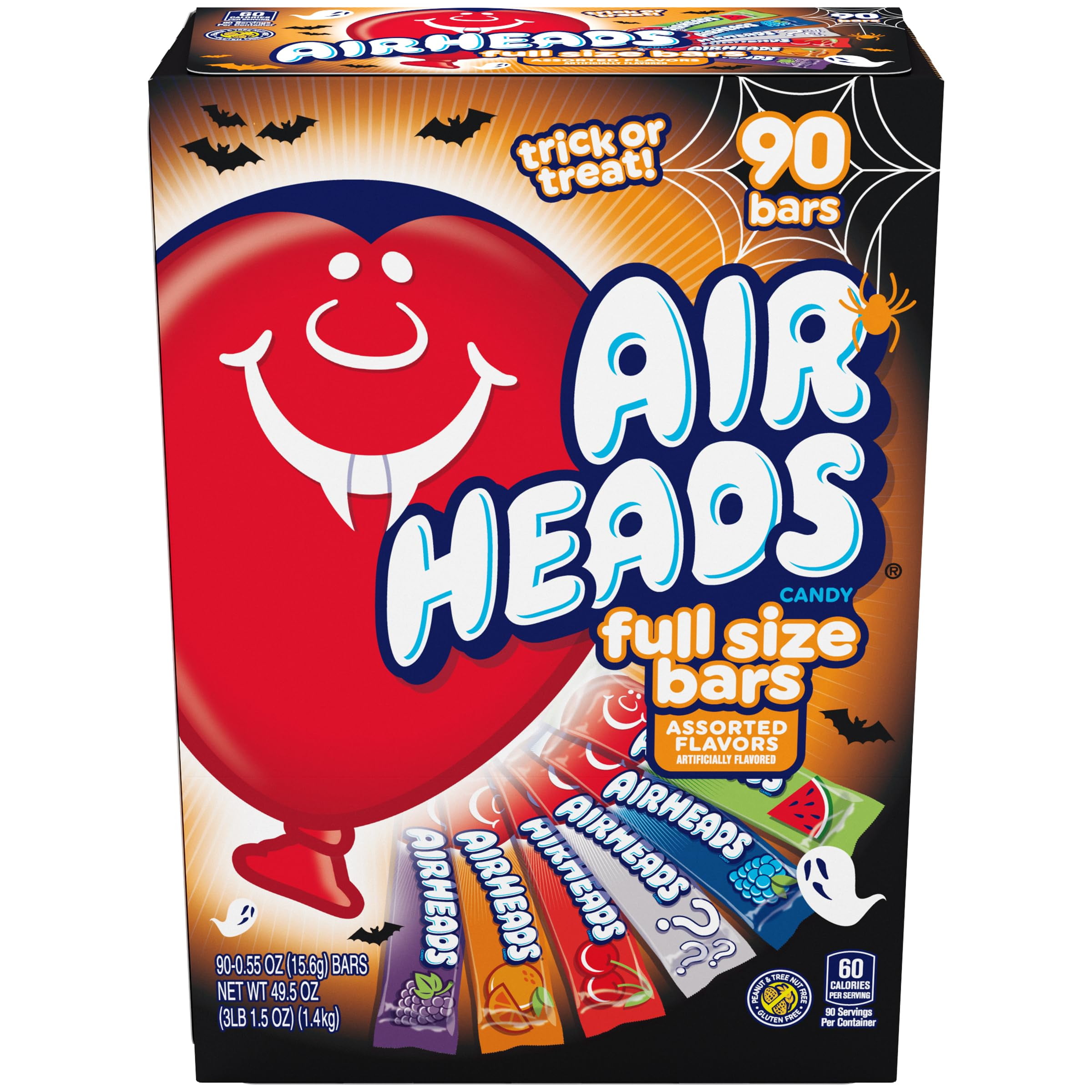 Airheads Candy Bars, Halloween Variety Box, Chewy Full Size Fruit Taffy, Trick or Treat Mega Box, 90 Individually Wrapped Full Size Bars (Packaging May Vary) 90 Count (Pack of 1)
