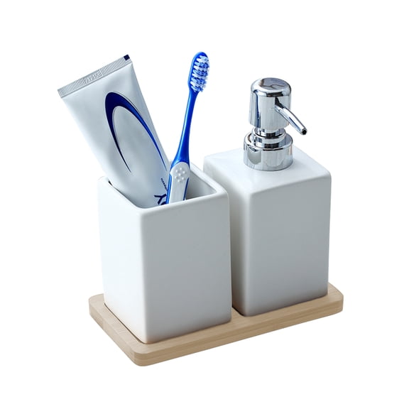 Ceramic Soap Dispenser 3-Piece Set with Bamboo Tray | Includes Toothbrush Holder and Soap Bottle | Elegant Refillable Shampoo & Body Wash Bottle Set, Bathroom Accessories, White