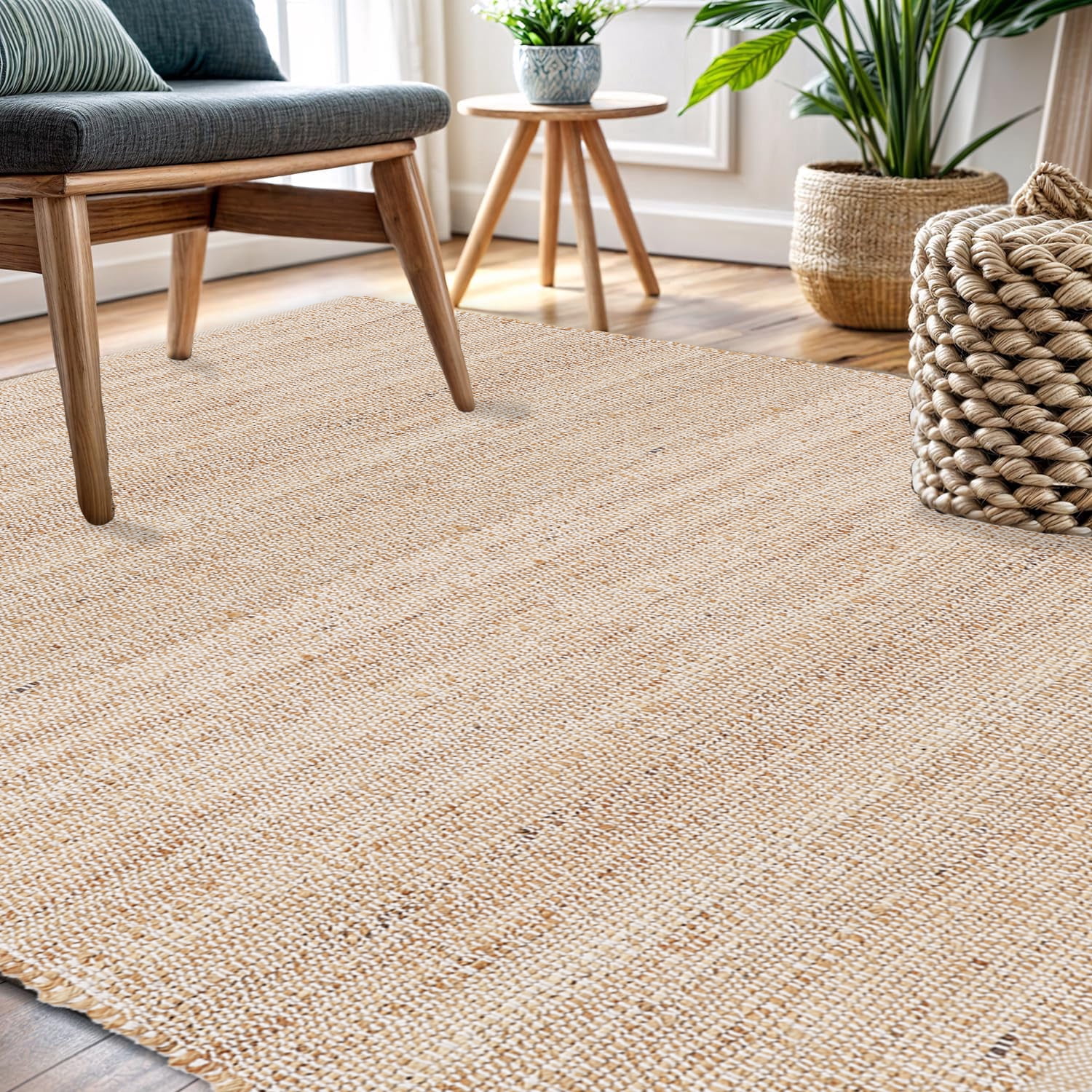 · REDEARTH · Jute Cotton Area Rug - 9'x12' Rectangular Rug, Sustainable Handwoven, Non-Shedding, Soft & Durable – Reversible, Neutral Tones for Home Décor in Living Room, Dining Room, Bedroom