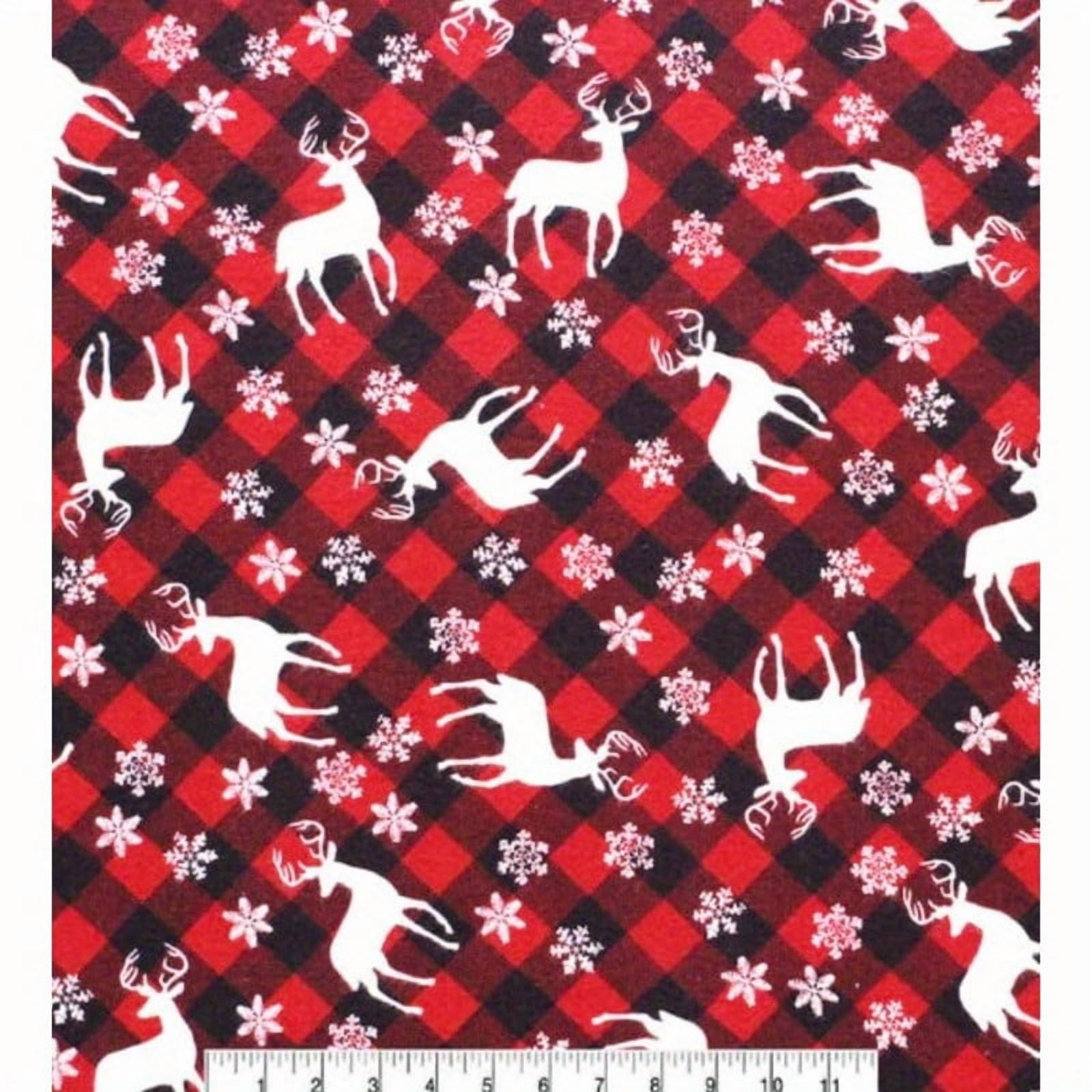 Cozy Christmas Flannel Fabric by the Yard - Red Plaid with Deer & Snowflakes, 280gsm, Soft Anti-Pilling Precut for Holiday Decor, Crafts