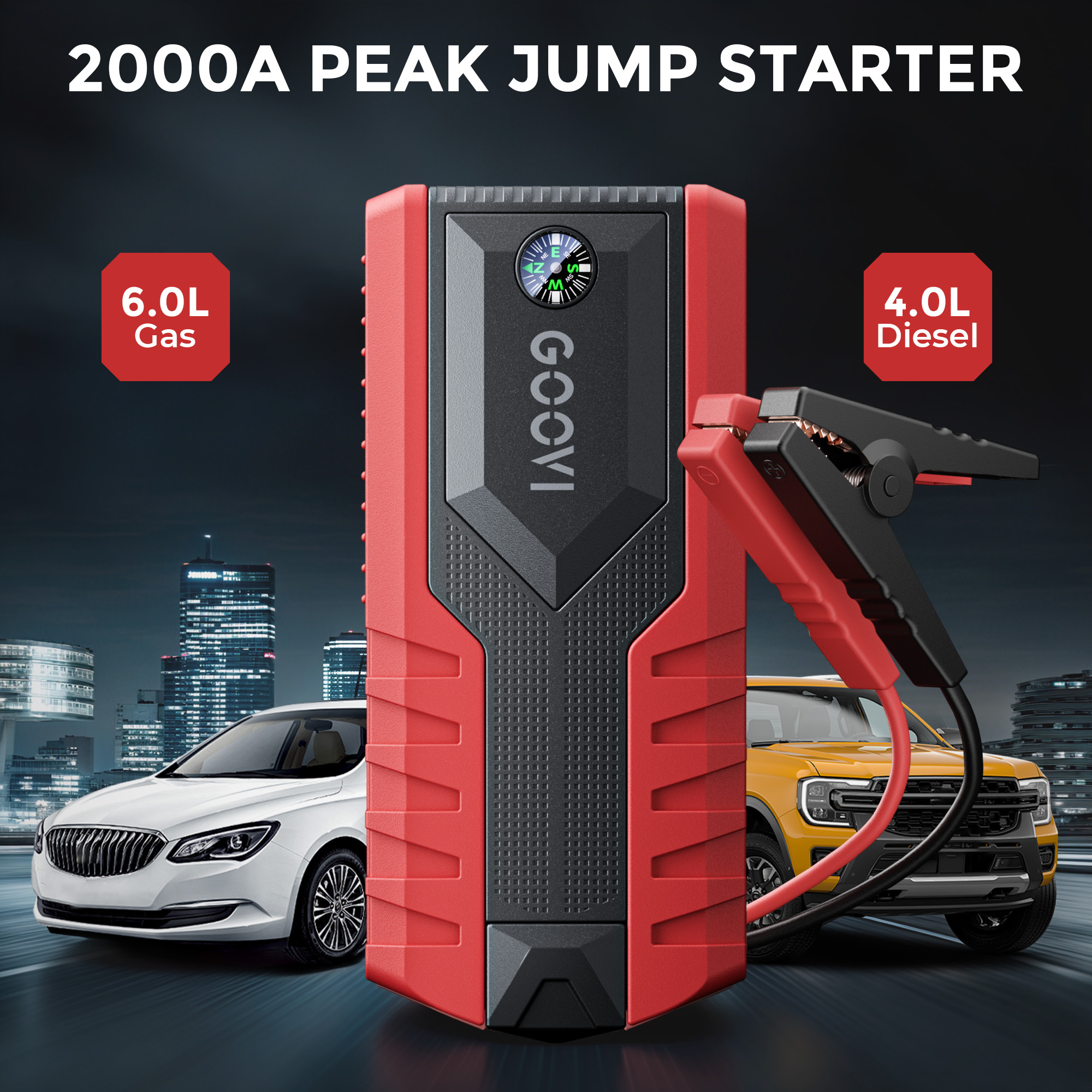 GOOVI Car Jump Starter 2000A Peak 12V Battery Jump Box Portable Battery Booster with LED Light USB Quick Charge
