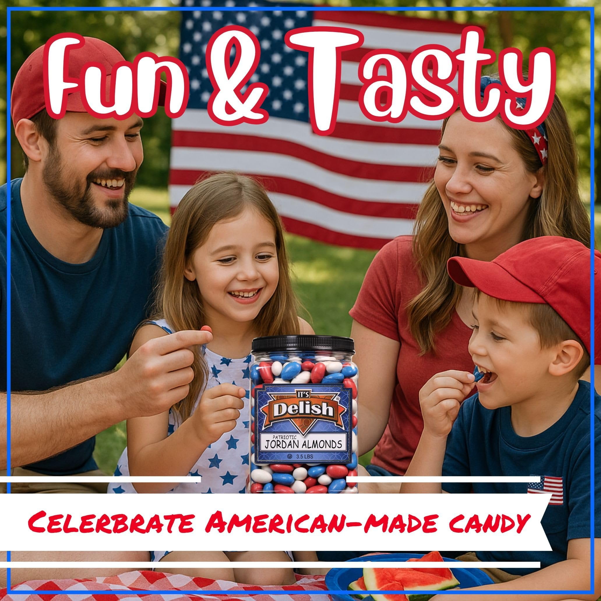 Patriotic Jordan Almonds Medley by It's Delish, 3.5 lbs Jumbo Container  Red White and Blue Candied Almonds  Fourth of July Party Decorations US Flag Colors - Bulk Vegan & Kosher Candy  Made in USA