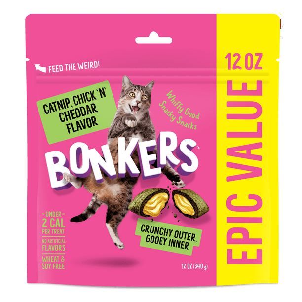 Bonkers Crunchy and Soft Cat Treats Catnip, Chick N' Cheddar Flavor