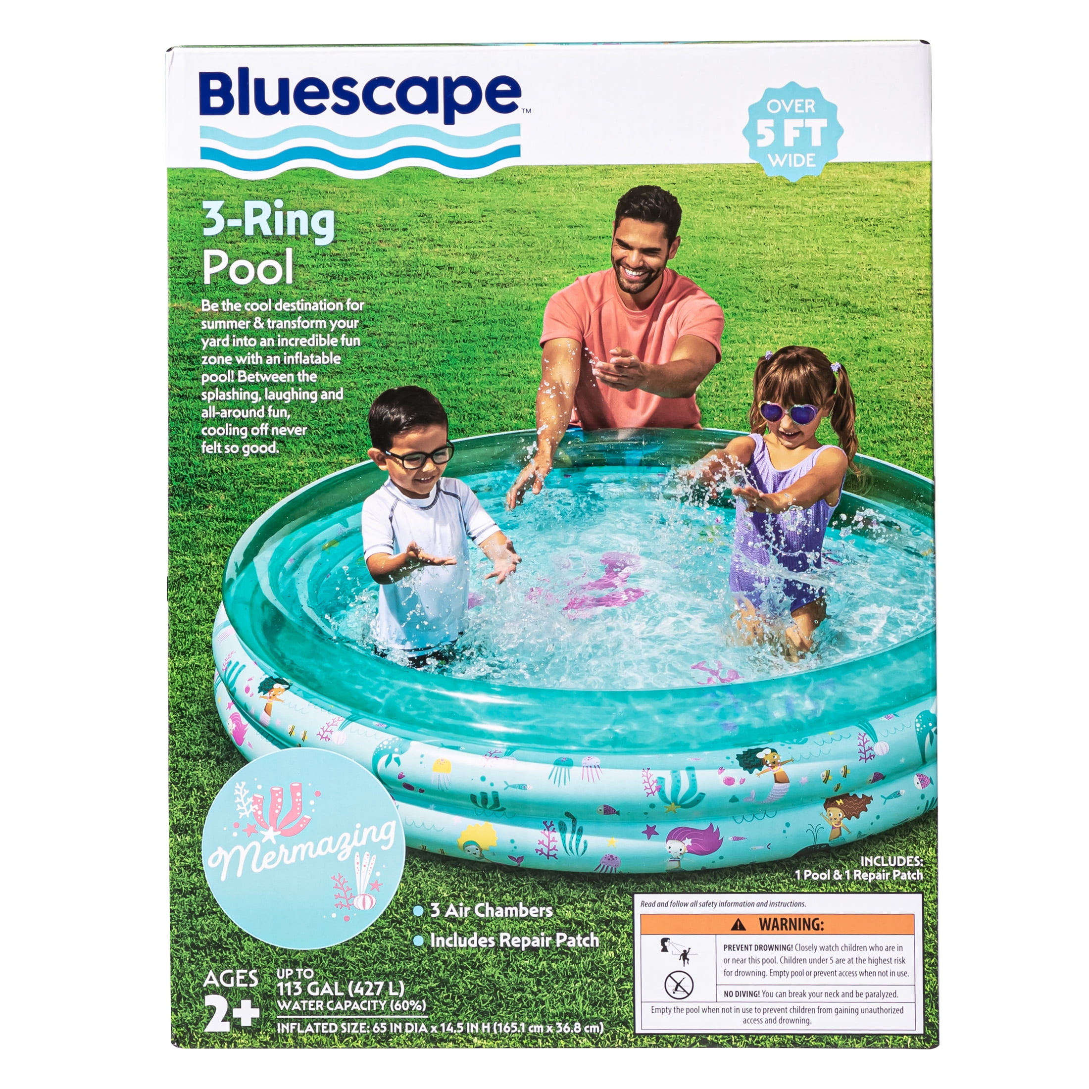 Bluescape Blue Mermaid 3-Ring Inflatable Swimming Pool for Kids, Round, Age 2 & up, Unisex