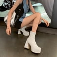 thumbnail image 2 of Lovskoo 2024 Platform Boots for Women Leather Chunky Stacked Heel Square Toe Fashion Short Ankle Boots Leather Comfortable Shoes Western High-Heeled Boots White, 2 of 7