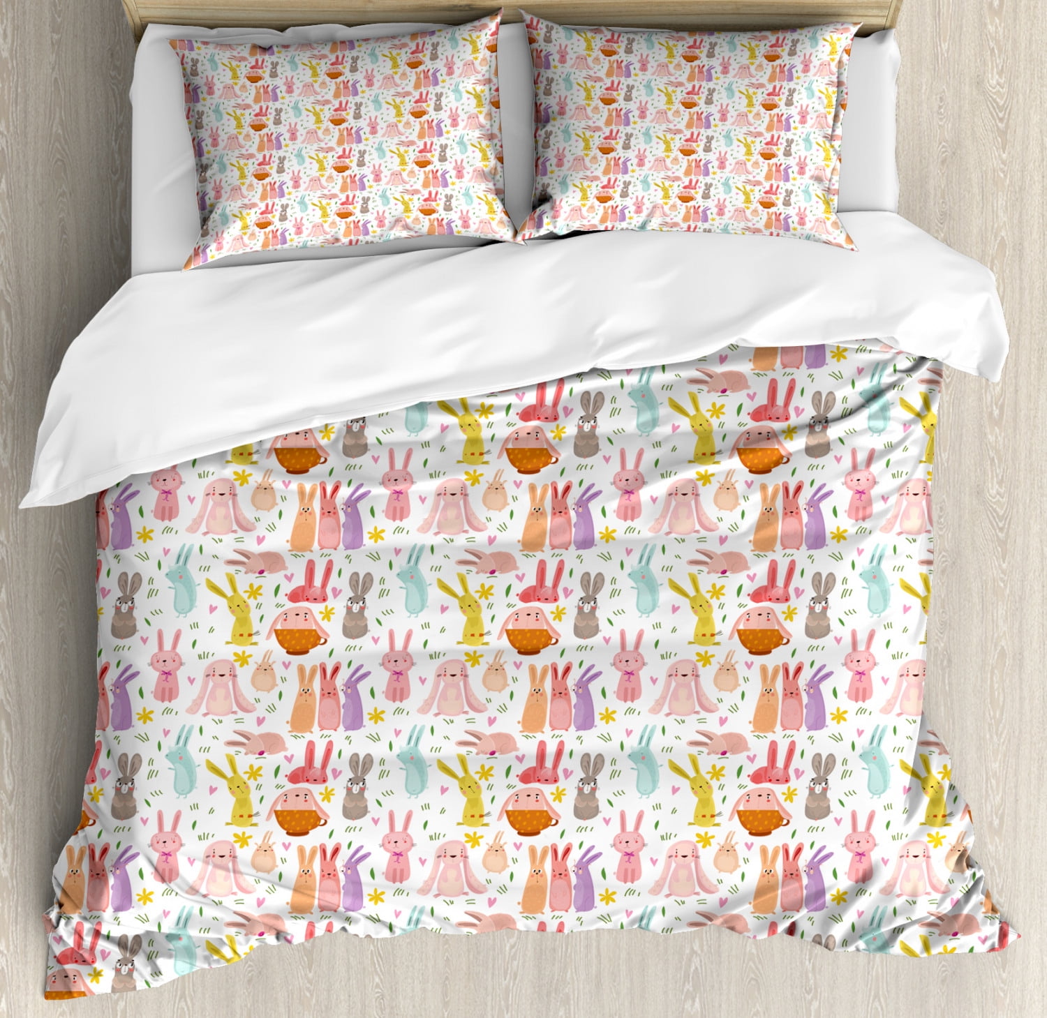 Bunny Duvet Cover Set Queen Size, Cute and Funny Nursery Animals with Flowers Colorful Rabbits