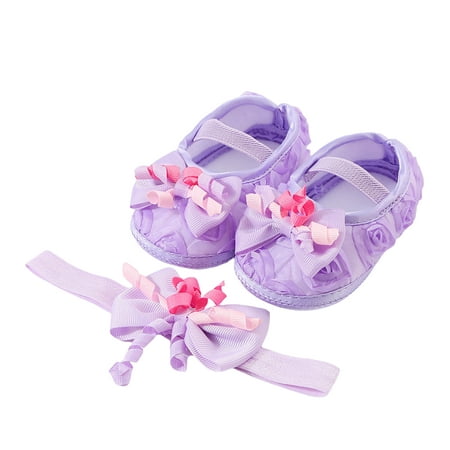 

Baby Girl Cute Mary Jane Flats Bow Decor Non-Slip Soft Sole Newborn Crib Shoes First Walkers Summer Princess Shoes with Headband 0-12 Months