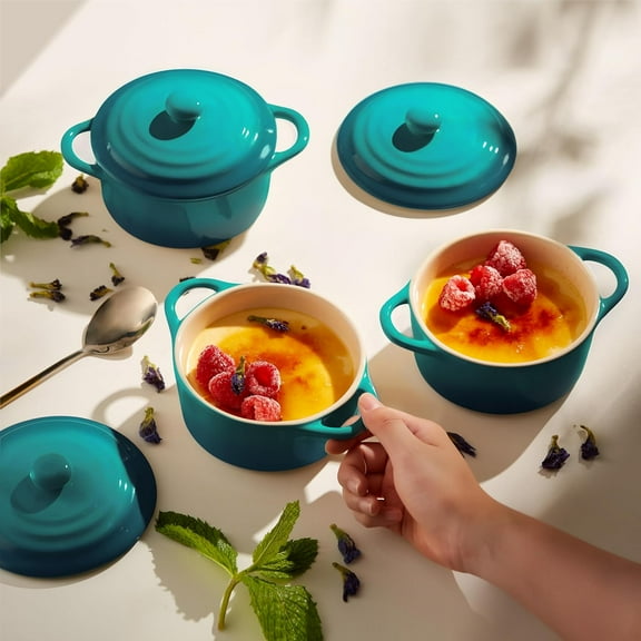 Kook Ceramic Mini Cocotte Set, 12 oz Individual Baking Dishes with Lids, Oven Microwave Dishwasher Safe, Ombre