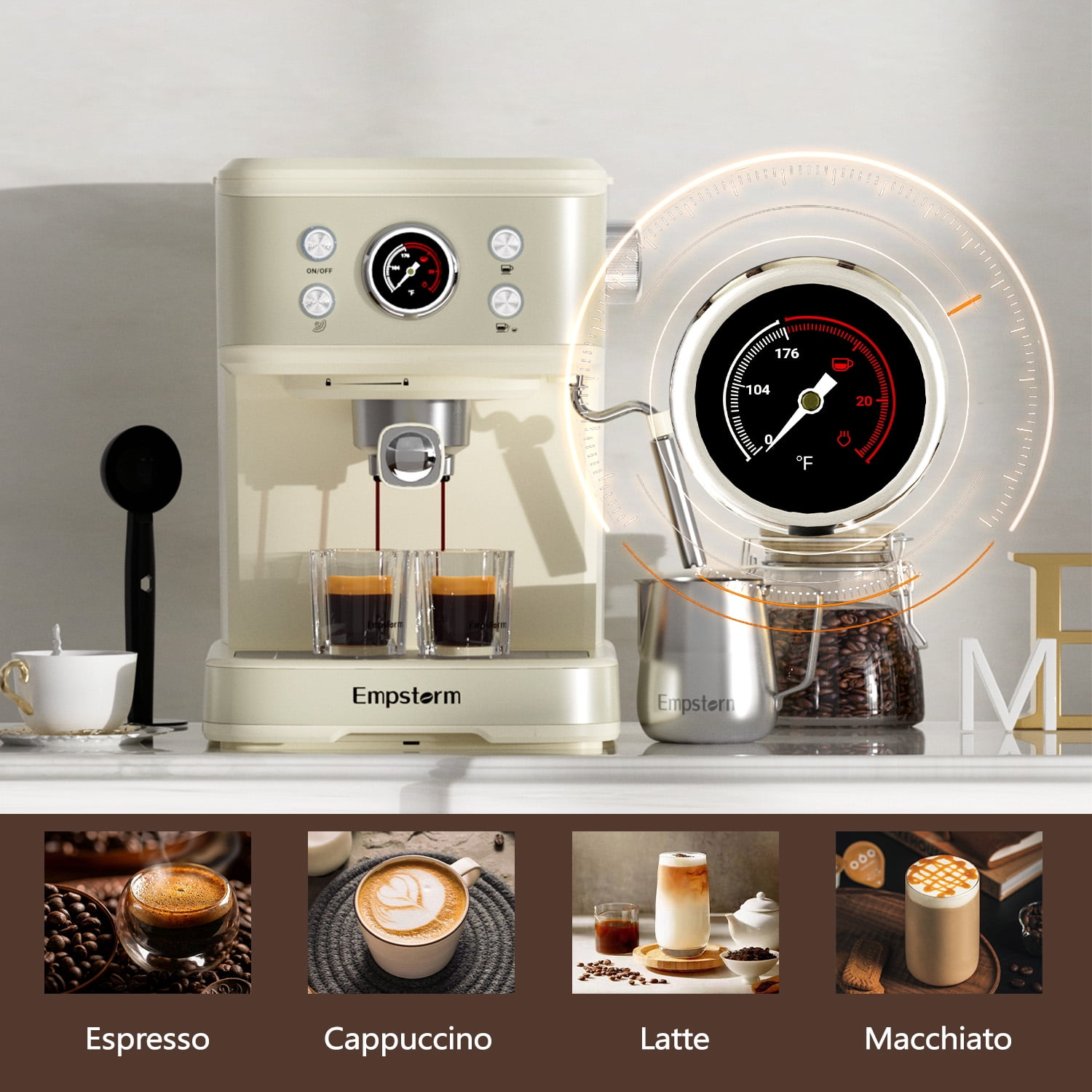 20 Bar Espresso Machine with Milk Frother Steam Wand, 3-in-1 Coffee Maker, Compatible with NS Pods, Stainless Steel, for Latte & Cappuccino, Beige