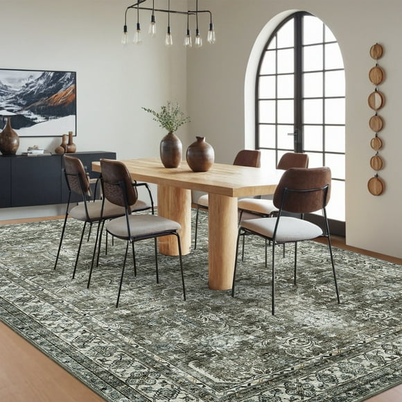 HOMERRY Washable 9' x 12' Modern Area Rug for Living Room Vintage Floral Print Indoor Washable Neutral Carpet, Green
