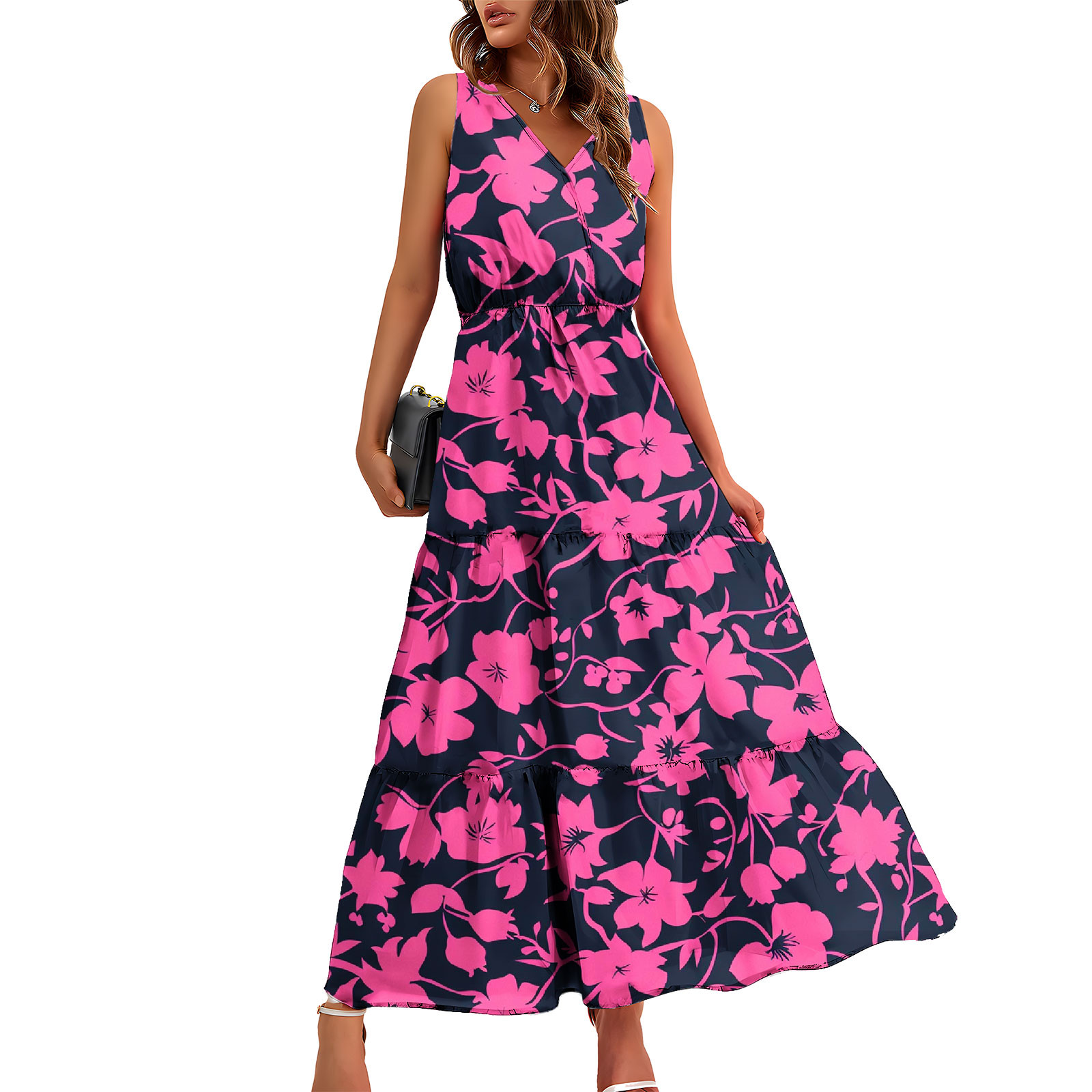 Robe Bohème Femme Midi - Col V, Volants, Taille élastique, Ligne A, Légère Pour été Ou Soirée élégante