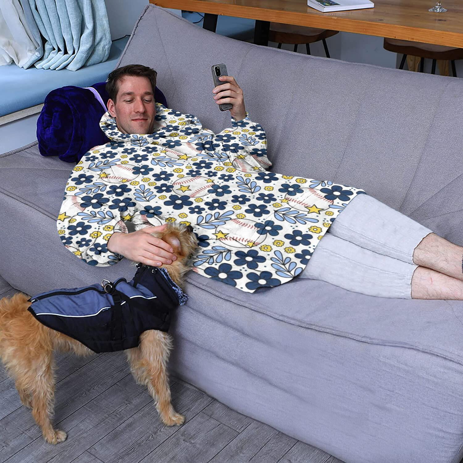 Blue Baseballs with Yellow Flowers Pattern Wearable Oversized Blanket,Wearable Blanket Hoodie for Adults,Cozy Hooded Blankets with Super Pockets,Super Warm Fuzzy Pullover for Women & Men
