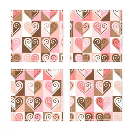 

Linen Cotton Canvas Cocktail Napkins (Set of 4) - Valentine Pink White Brown Geometric Peach Heart Print Cloth Cocktail Napkins by Spoonflower