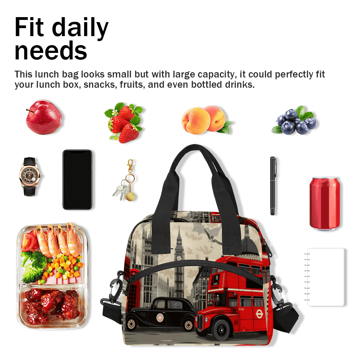 Herdesigns London Big Ben Insulated Lunch Bag for Women Men Adults Large Reusable Lunch Box Britain Telephone Booth City Leakproof Cooler Tote Bags with Adjustable Shoulder Strap