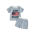 thumbnail image 2 of AceBaby 4th of July Clothes for Boys at 0-4Y Letter America Flag Embroidery T-Shirt and Stripe Shorts Set,96% Cotton, 2 of 10