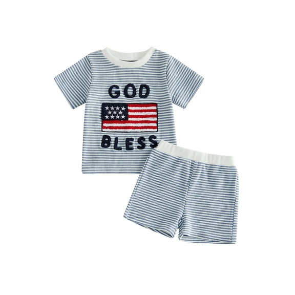 BemeyourBBs Toddler Baby Boy 4th of July Outfit Patriotic Independent Day Clothes God Bless American Flag Embroidered Striped Short Sleeve T-shirt Shorts Set Toddler Boy Summer Christening Clothes