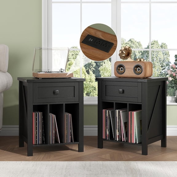 Record Player Stand with Vinyl Record Storage Set of 2, Turntable Stand with Charging Station, Wood Vinyl Record Holder Cabinet Dispaly Shelf with Drawer,Black