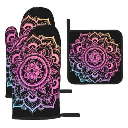 

Mandala Pattern (39) Oven Gloves Pot Clamp Set Non slip and Heat Resistant Kitchen Gloves Microwave Oven Barbecue Three Piece Set