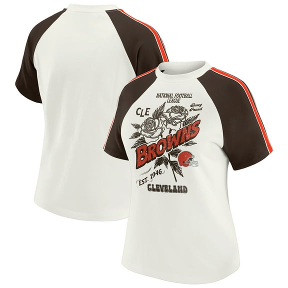 Women's WEAR by Erin Andrews White Cleveland Browns Sleeve Stripe Distressed Raglan T-Shirt