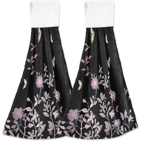 

SKYSONIC Hanging Kitchen Towel 12 x 17 Inch Wild Roses and Butterfly Towel Set 2 Pieces of Dry Towels