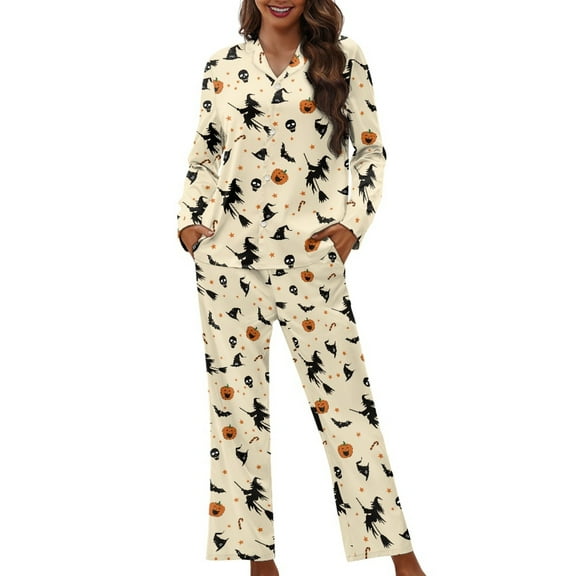 DISNIMO Witch Pumpkin Skull Print Women 2 Piece Pajama Sets Casual Loose Sleepwear Long Sleeve Button Down Nightwear with Long Pajama Pants Halloween Loungewear, XS