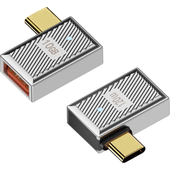10Gbps USB C to USB3.1 90° Angle OTG Adapter120W Type C Male to USB3.1 Female Right Angle Charger Data Connector LED Light 2pack