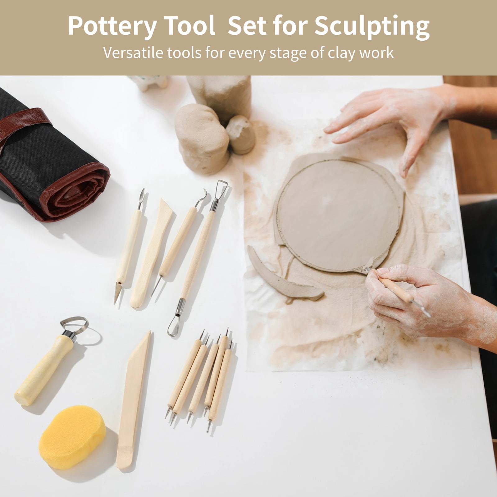 43 Pcs Pottery Tool Set for Sculpting, Double Sided Ceramic Clay Carving Tools with Carrying Bag, Wooden and Stainless Steel Modeling Tools for Clay, Polymer, Ceramics, DIY Art Projects