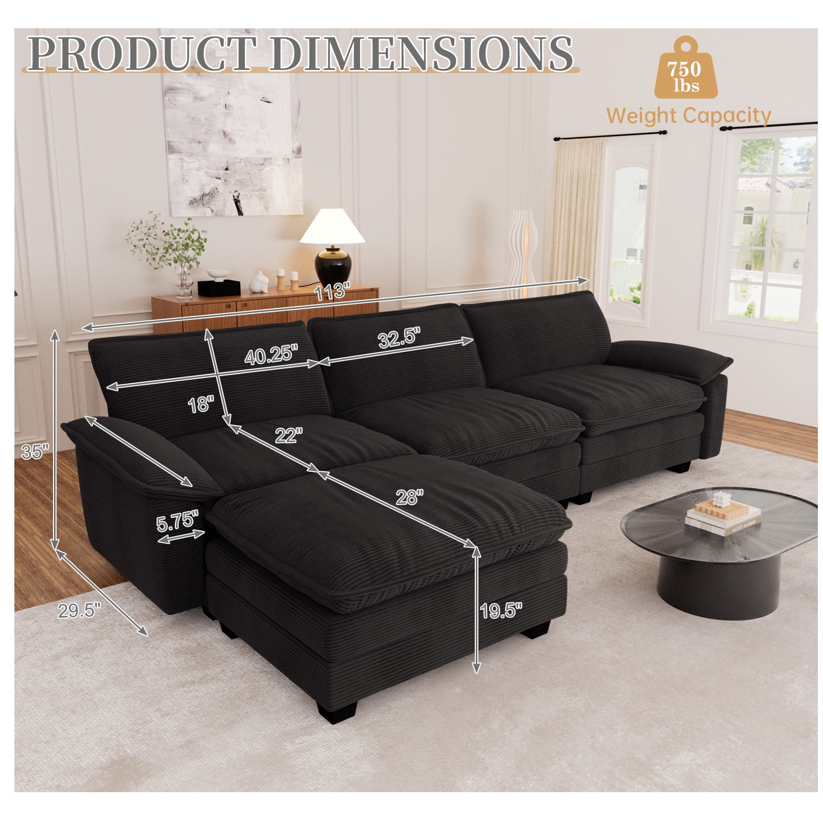 Muumblus Modular Sectional Cloud Couch with Ottoman, Oversized L-Shaped Corduroy Sofa for Living Room, Black
