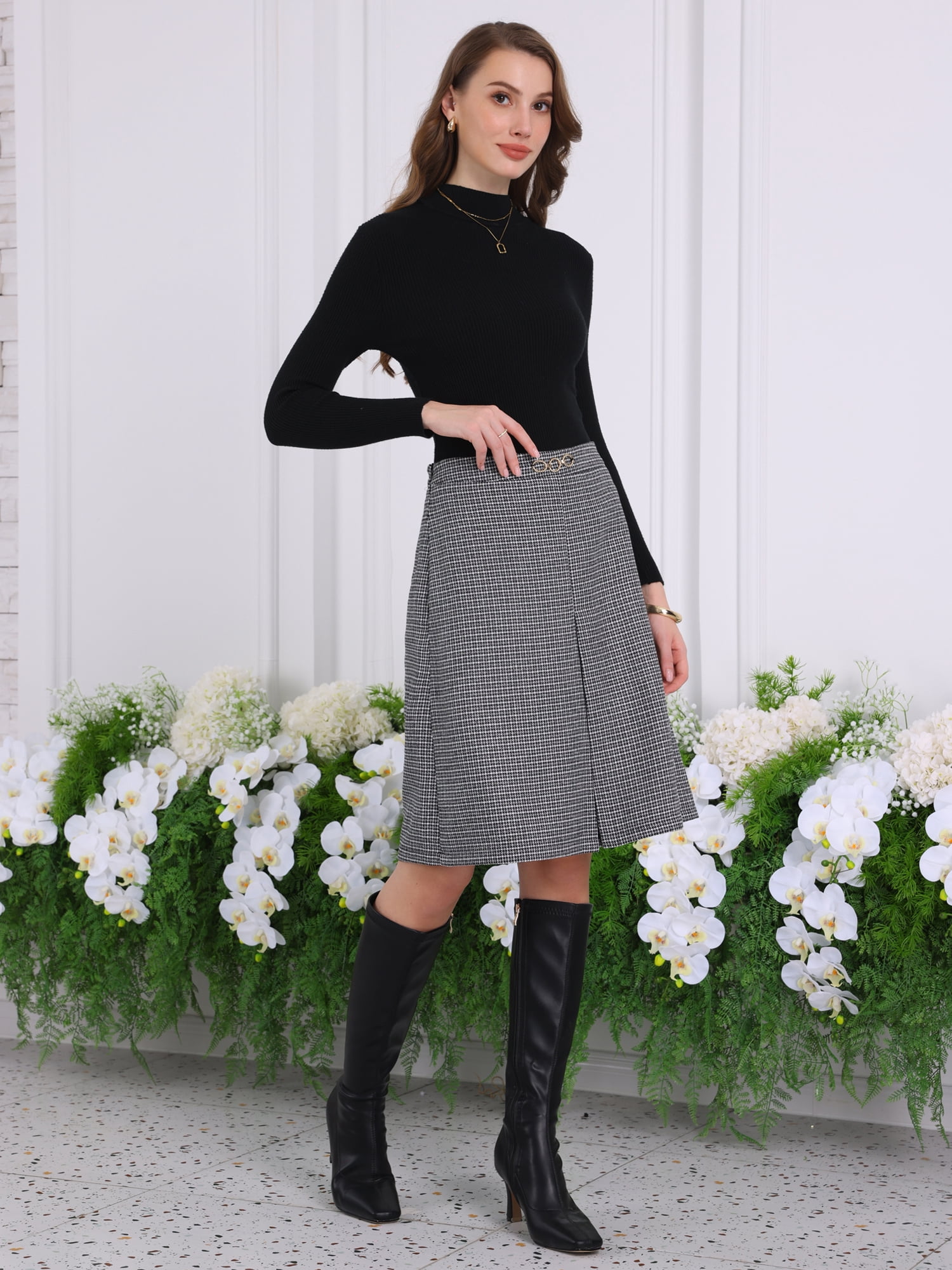 DARING DIVA Women's Knee Length Skirt High Waist Tartan Plaid Skirt M Black White